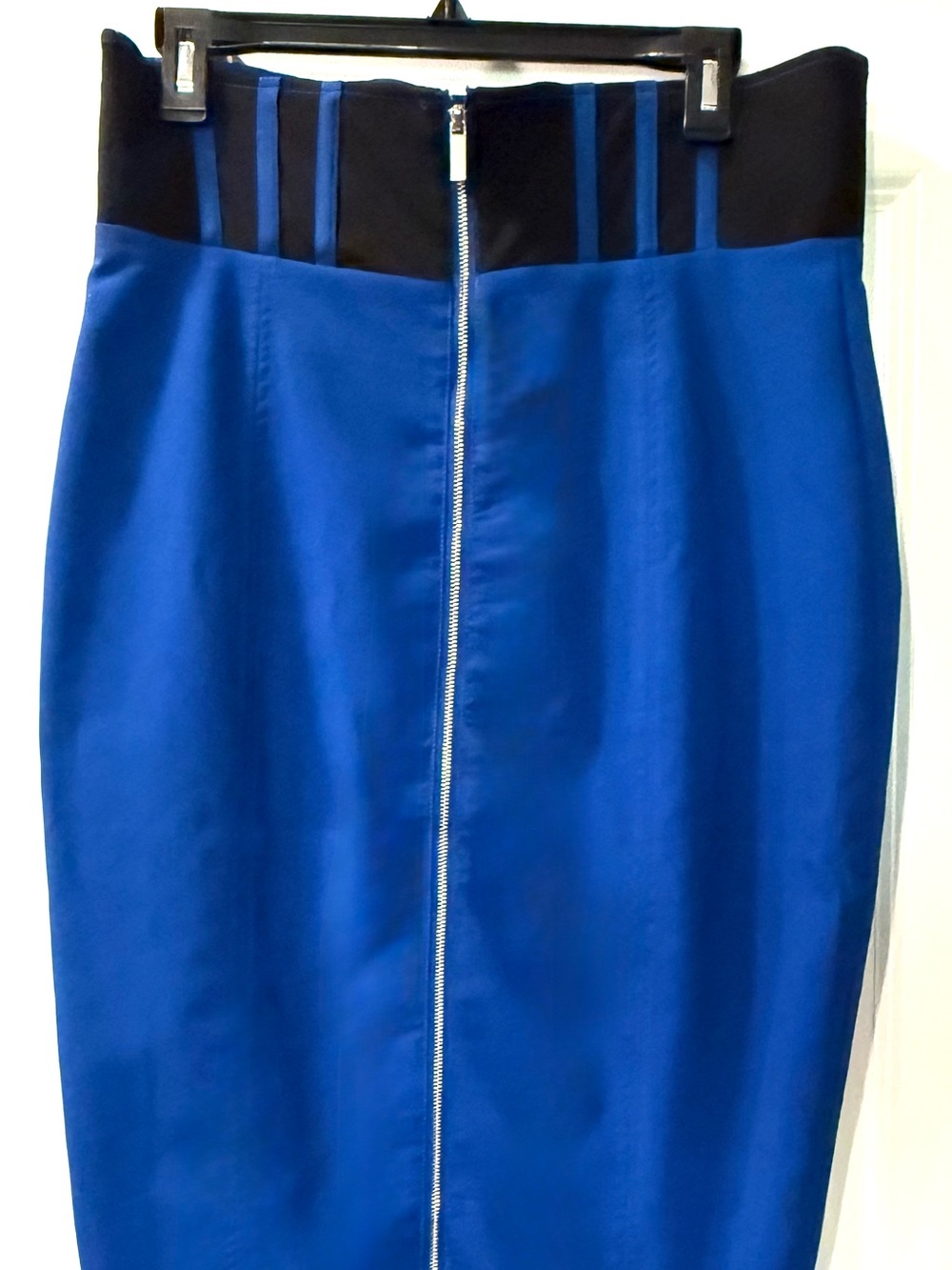 Blue Pencil Skirt with Black Waistband and Center Zip